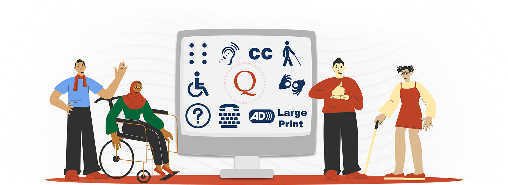 Illustration of students faculty and employees around a computer screen with accessibility icons. 