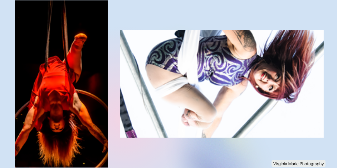 Two photos of Erin Ball completing acrobatic performances.