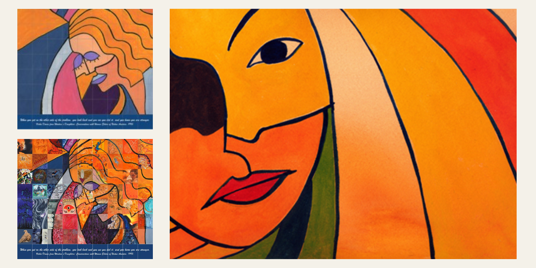 A photo that includes a screenshot of two digital mosaic graphics and a painting.