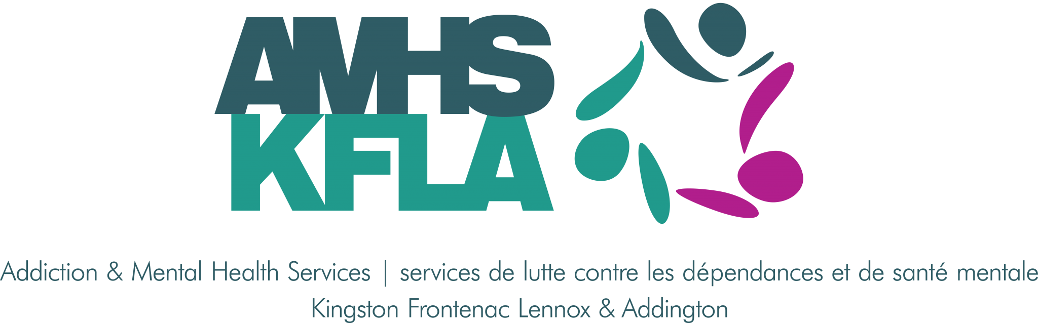 Addictions and Mental Health Services Kingston Frontenac Lennox Addington Logo that reads AMHS stacked on top of KFLA in coloured letters