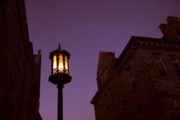Douglas Library lamppost lit in early evening.