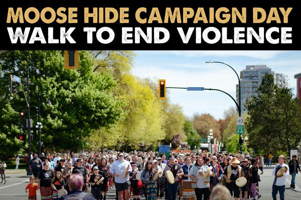 moose hide campaign promotion graphic drums and people walking