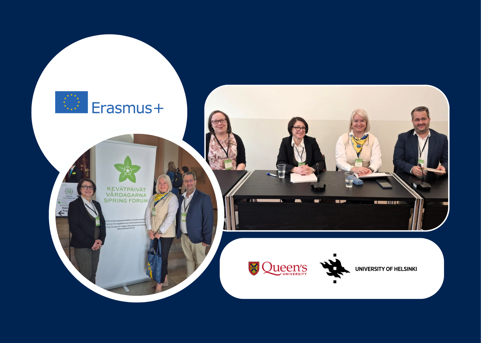 Collage of images showing participants at the Erasmus+ Training Days, including a group photo with a banner and a panel discussion, alongside logos of Queen's University and the University of Helsinki