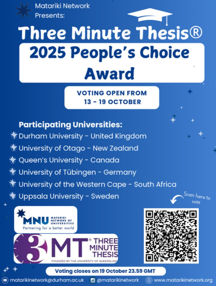 Promotional poster for the 2025 Three Minute Thesis® People's Choice Award by Matariki Network, featuring voting details and participating universities