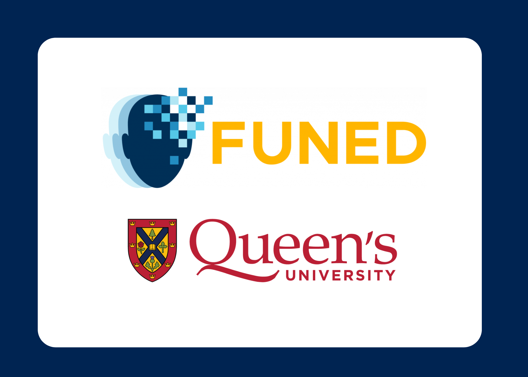 Logos of FUNED and Queen's University on a white background with a blue border