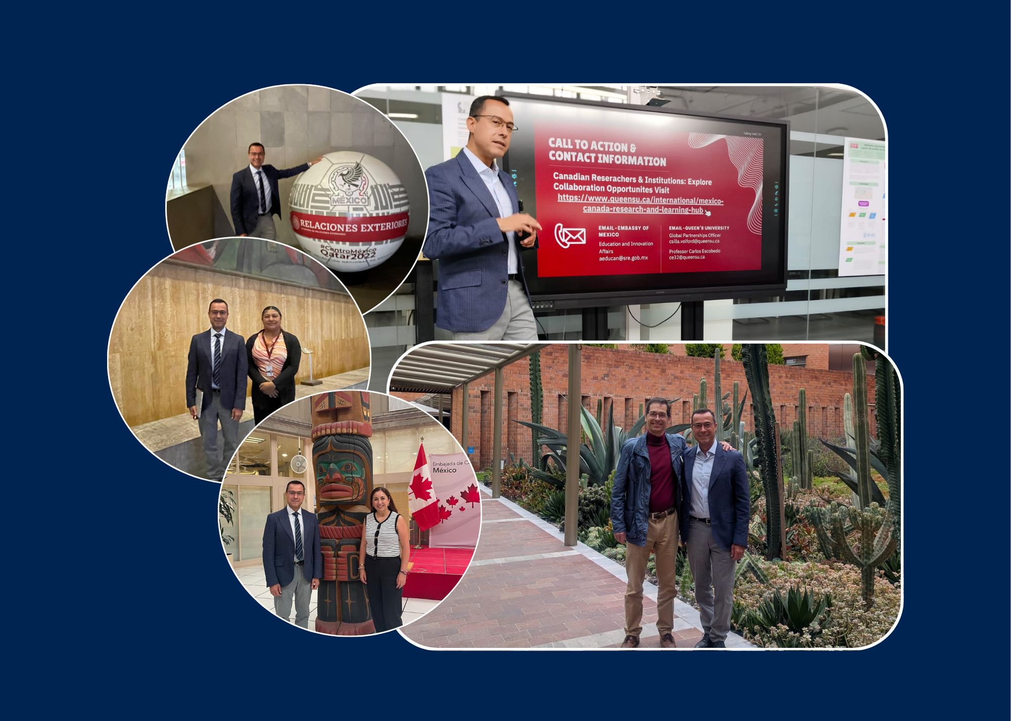 Queen's Blue - five photos of Dr. Escobedo around Mexico City, meeting with partners