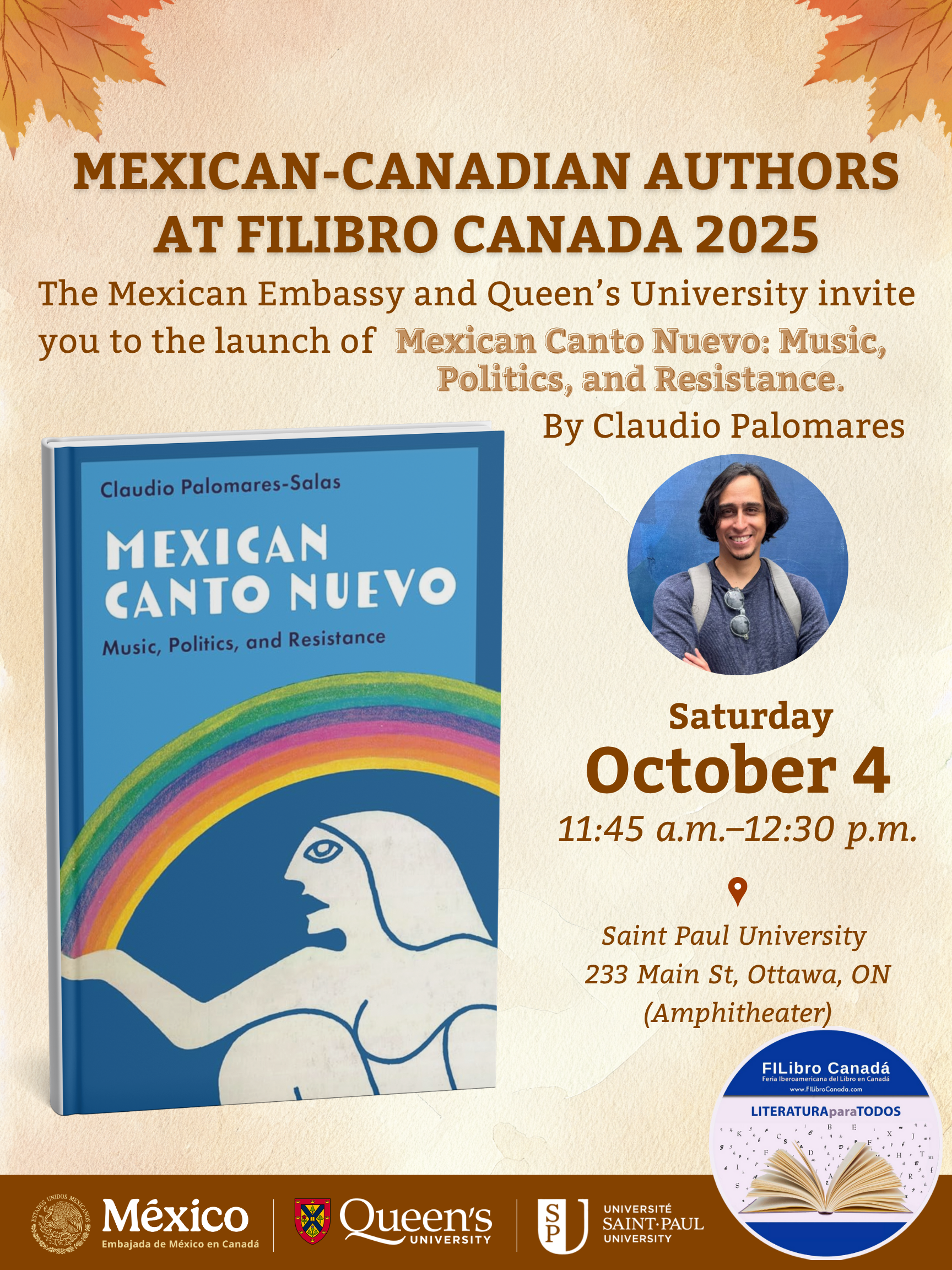 Poster announcing the launch of Claudio Palomares-Salas's book Mexican Canto Nuevo: Music, Politics, and Resistance at FILIBRO Canada 2025, hosted by the Mexican Embassy and Queen's University on October 4 at Saint Paul University in Ottawa.