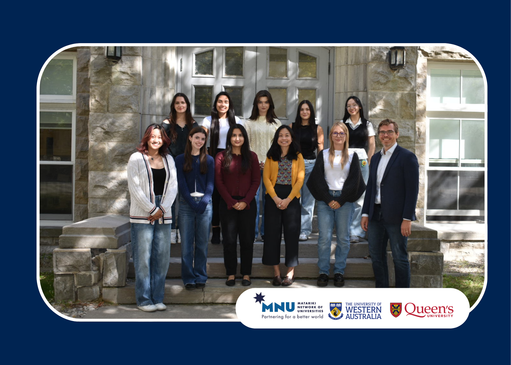 Jeremy Stewart standing with his research team in front of a limestone building