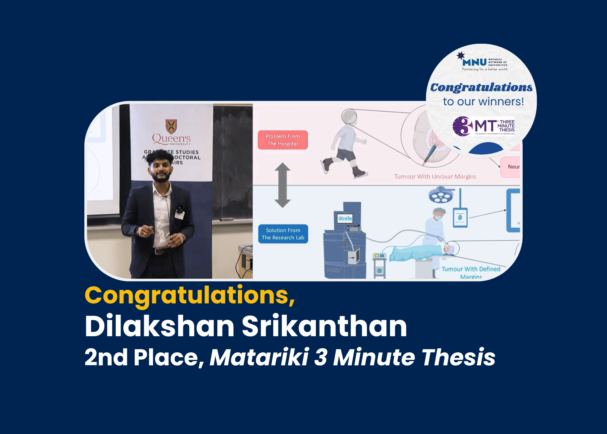 Text reads: Congratulations, Dilakshan Srikanthan, 2nd Place, Matariki 3 Minute Thesis