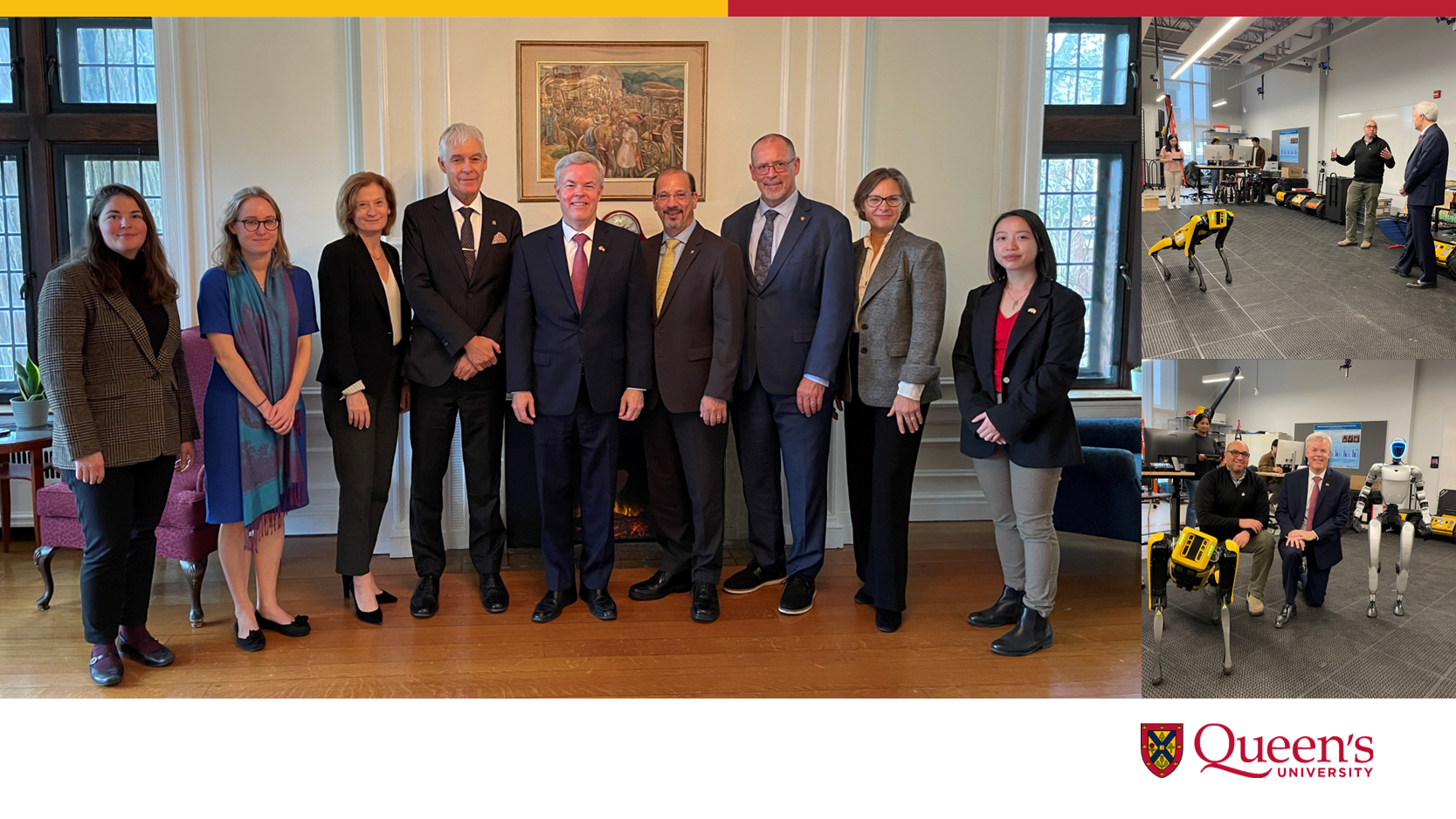 Group photo (delegation and Queen's University leaders standing in a formal room with artwork on the wall), alongside smaller images showing robotic dogs in a lab setting at Queen’s University