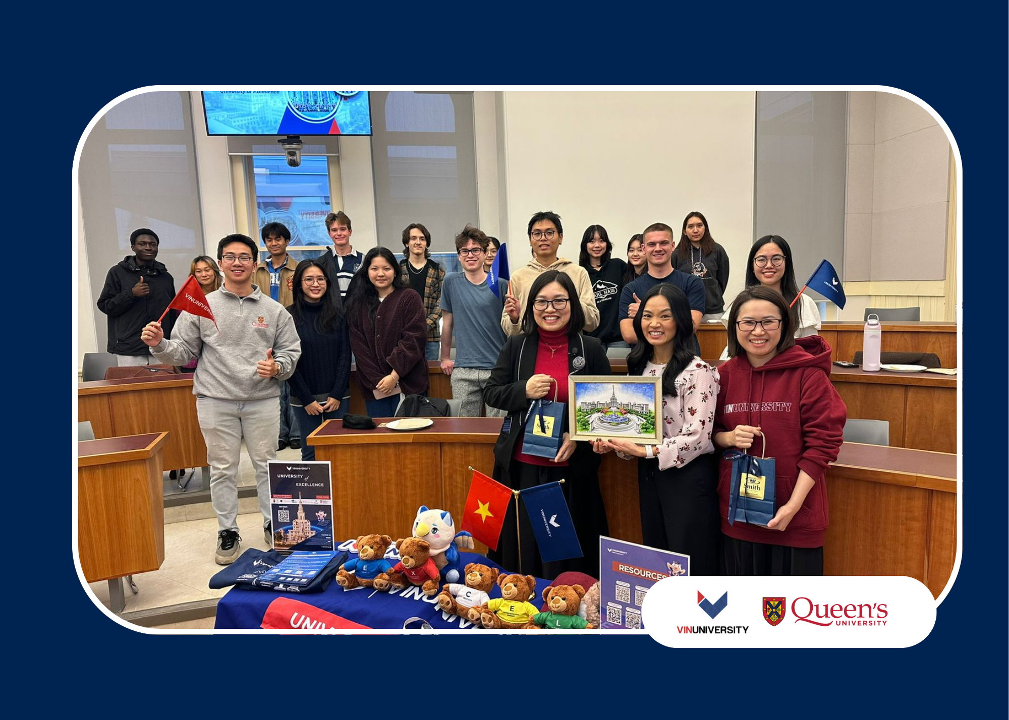 Photo of VinUniversity representatives and a classroom full of students