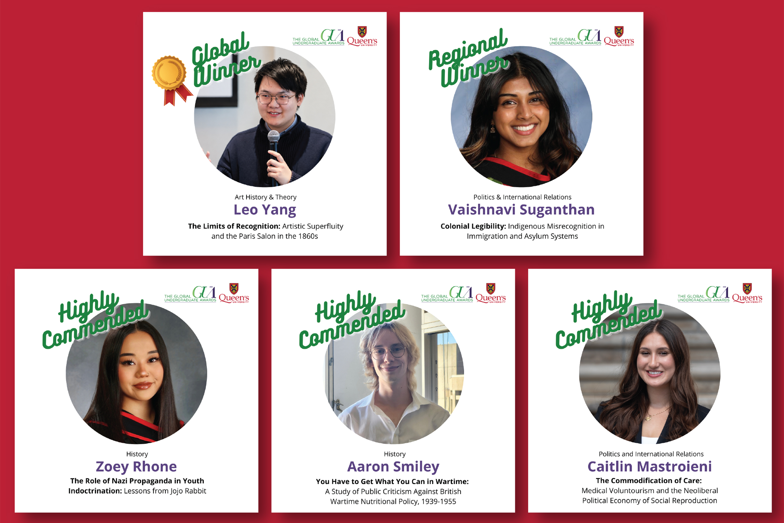 Five students had their undergraduate research awarded and recognized in the 2026 Global Undergraduate Awards.