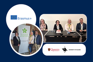 Collage of images showing participants at the Erasmus+ Training Days, including a group photo with a banner and a panel discussion, alongside logos of Queen's University and the University of Helsinki