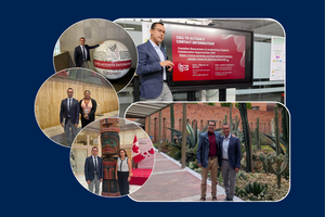 Queen's Blue - five photos of Dr. Escobedo around Mexico City, meeting with partners