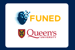 Logos of FUNED and Queen's University on a white background with a blue border