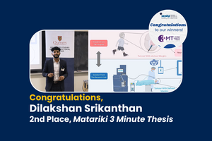 Text reads: Congratulations, Dilakshan Srikanthan, 2nd Place, Matariki 3 Minute Thesis
