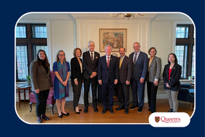 Group photo (delegation and Queen's University leaders standing in a formal room with artwork on the wall), alongside smaller images showing robotic dogs in a lab setting at Queen’s University