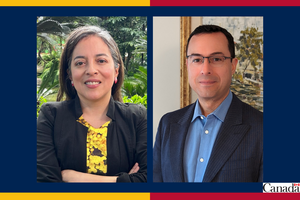 Congratulations banner for the ELAP Faculty Mobility program featuring Dr. Diana Córdoba and Dr. Carlos Escobedo, with Queen's University and Canada logos.