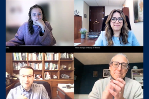 Four people engaged in a virtual meeting. Each is in a separate frame. Expressions are attentive and thoughtful, with backgrounds showing bookshelves and office spaces.