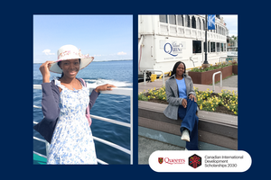 Composite image featuring two photographs of Aïcha Bonzi during her research placement at Queen’s University. In the left photograph, Aïcha stands on the deck of a boat on a sunny day with open water and a clear blue sky in the background. In the right photograph, Aïcha sits on a bench near Kingston’s waterfront in front of the Island Queen tour boat, with flower beds and a Kingston banner visible nearby. The bottom of the image includes the Queen’s University and Canadian International Development Scholars