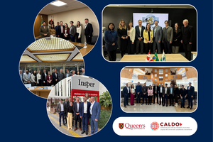Collage of five group photos from formal events featuring people in business attire. Includes Canadian and Brazilian flags, university logos, and indoor/outdoor settings.
