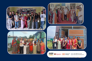 A collage of four photos showing groups of people in indoor and outdoor settings, some in traditional attire, with logos indicating affiliations with Queen Elizabeth Scholars, Queen’s University, and IIT Roorkee's Department of Design