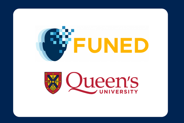 Logos of FUNED and Queen's University on a white background with a blue border