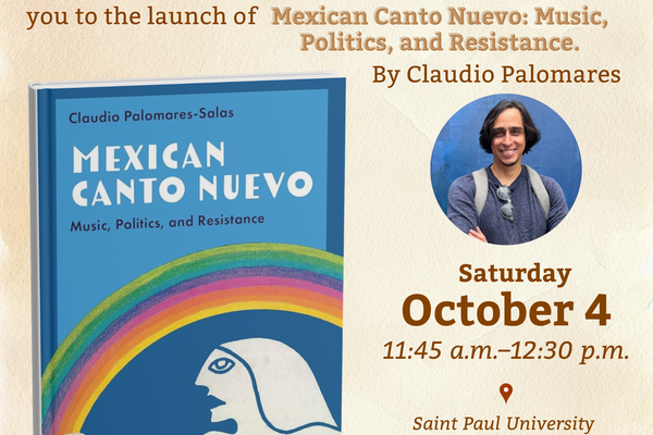 Poster announcing the launch of Claudio Palomares-Salas's book Mexican Canto Nuevo: Music, Politics, and Resistance at FILIBRO Canada 2025, hosted by the Mexican Embassy and Queen's University on October 4 at Saint Paul University in Ottawa.