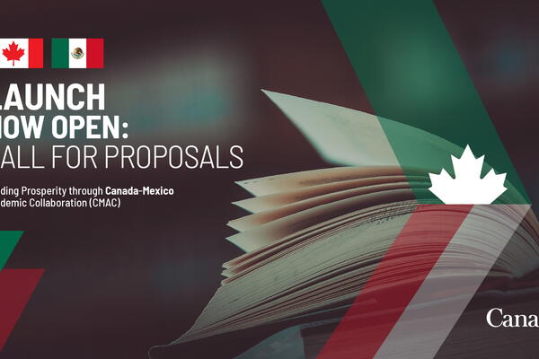 Graphic featuring Canadian and Mexican flags, announcing call for proposals for academic collaboration. Open book image with abstract red and green design.