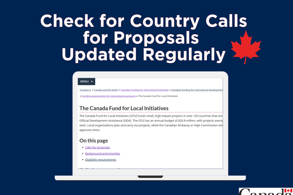Graphic with text 'Check for Country Calls for Proposals Updated Regularly' above an open laptop displaying the Canada Fund for Local Initiatives website. Canadian flag icon in the corner. Background is dark blue, conveying a formal and informative tone.
