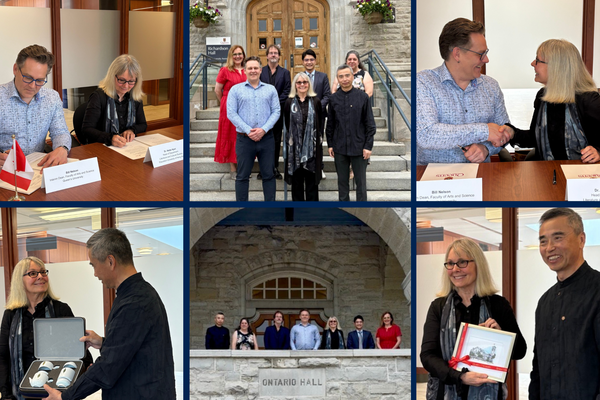 A collage of six images features people in formal attire signing papers, shaking hands with smiles, posing on stone steps, and exchanging gifts, conveying a professional and celebratory atmosphere. There is a focus on collaboration and unity, reflected in the group photo outside Ontario Hall.