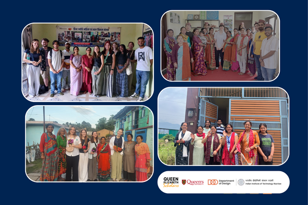 A collage of four photos showing groups of people in indoor and outdoor settings, some in traditional attire, with logos indicating affiliations with Queen Elizabeth Scholars, Queen’s University, and IIT Roorkee's Department of Design