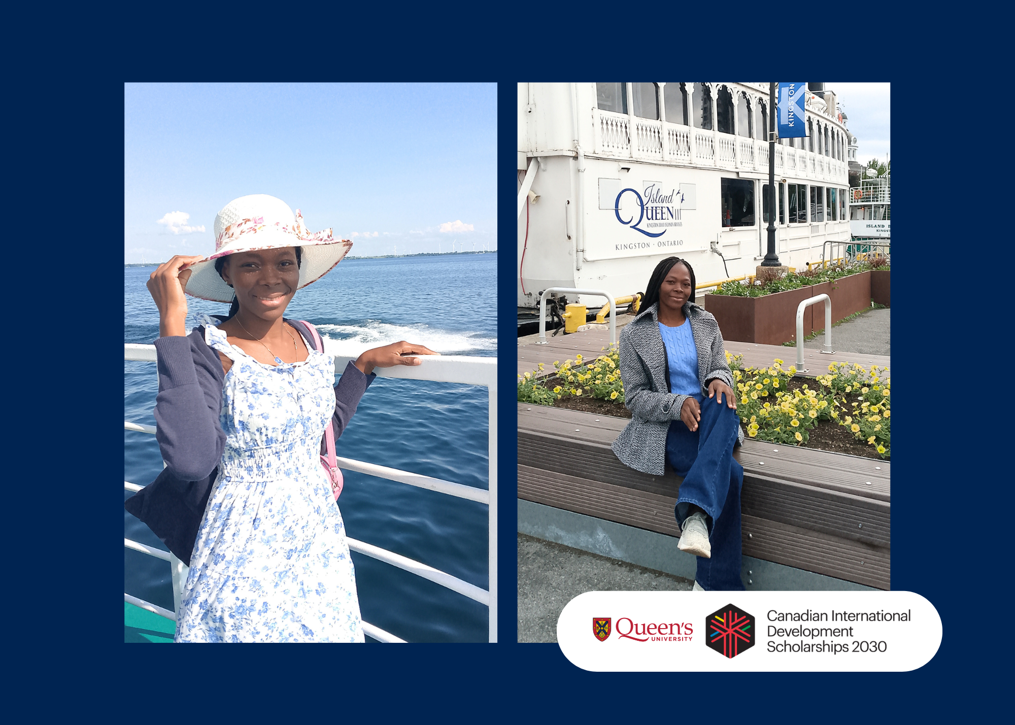 Composite image featuring two photographs of Aïcha Bonzi during her research placement at Queen’s University. In the left photograph, Aïcha stands on the deck of a boat on a sunny day with open water and a clear blue sky in the background. In the right photograph, Aïcha sits on a bench near Kingston’s waterfront in front of the Island Queen tour boat, with flower beds and a Kingston banner visible nearby. The bottom of the image includes the Queen’s University and Canadian International Development Scholarships 2030 logos.