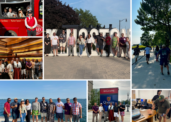 Collage of 7 photos of the Guidance Counsellors enjoying the downtown Kingston waterfront, lab tours of Queen's and campus