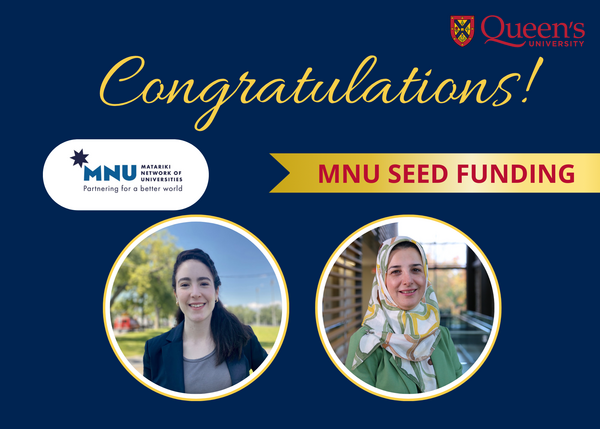 Congratulations banner for Queen's University MNU Seed Funding. It features two women smiling, Matariki Network logo, and Queen’s crest on a blue background.