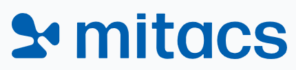 Blue Mitacs logo with abstract shape resembling dots connected by lines, next to the word "mitacs" in lowercase blue text on a white background.