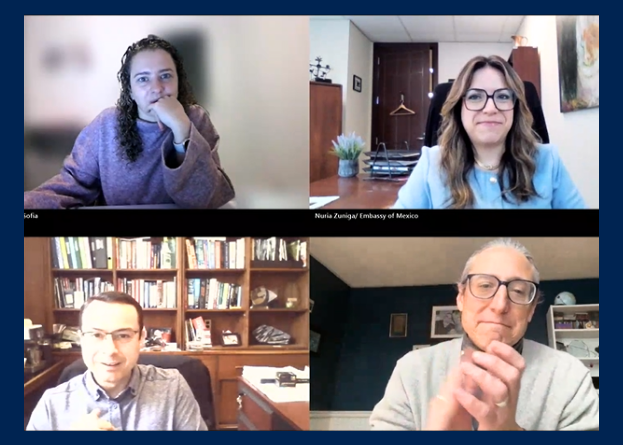 Four people engaged in a virtual meeting. Each is in a separate frame. Expressions are attentive and thoughtful, with backgrounds showing bookshelves and office spaces.