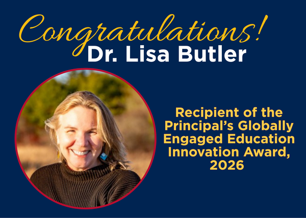 Congratulations message for Dr. Lisa Butler on a blue background, with her smiling photo framed in a circle to the left. Award recognition text to the right.