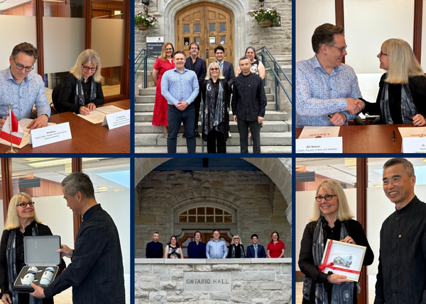 A collage of six images features people in formal attire signing papers, shaking hands with smiles, posing on stone steps, and exchanging gifts, conveying a professional and celebratory atmosphere. There is a focus on collaboration and unity, reflected in the group photo outside Ontario Hall.