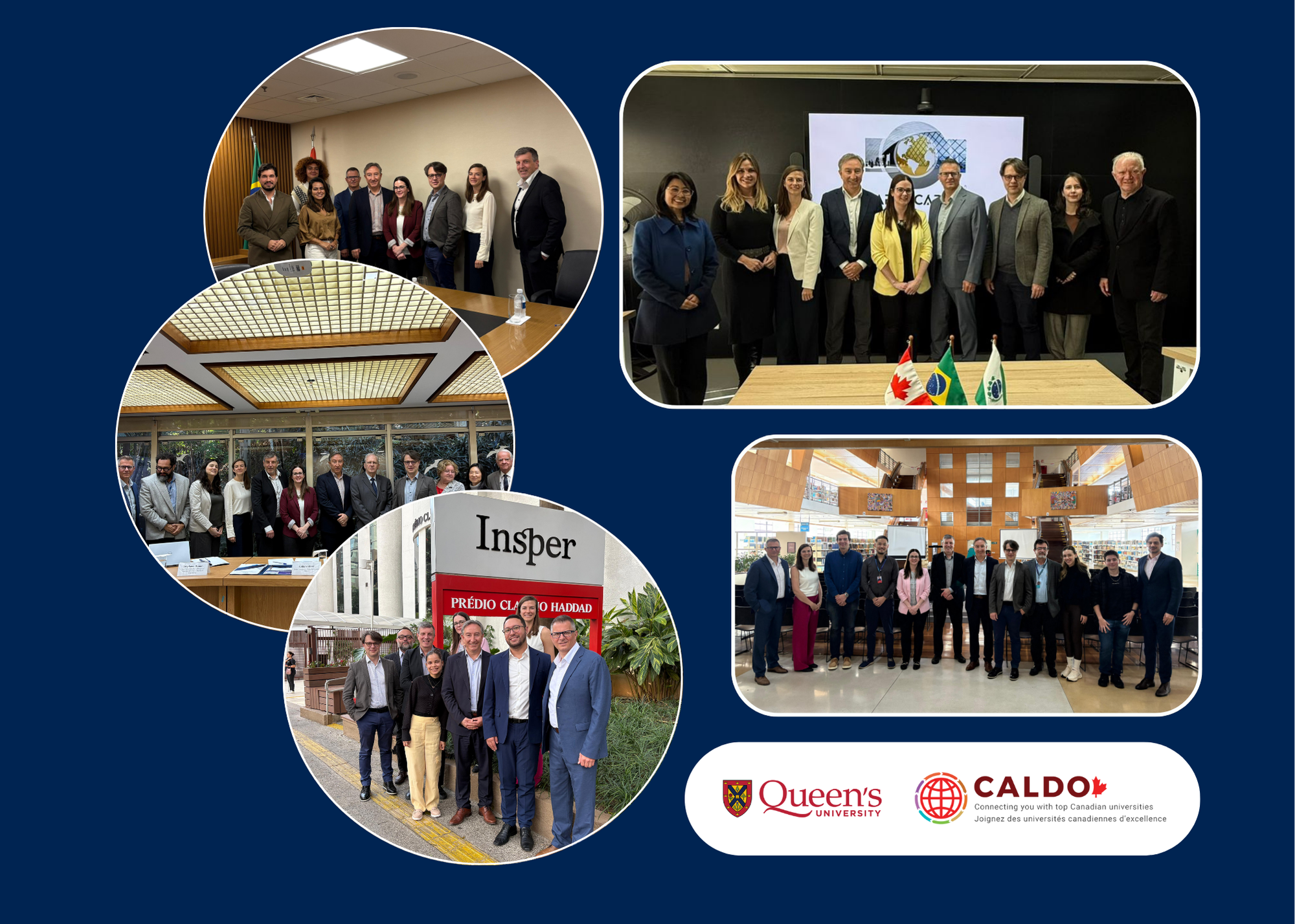 Collage of five group photos from formal events featuring people in business attire. Includes Canadian and Brazilian flags, university logos, and indoor/outdoor settings.
