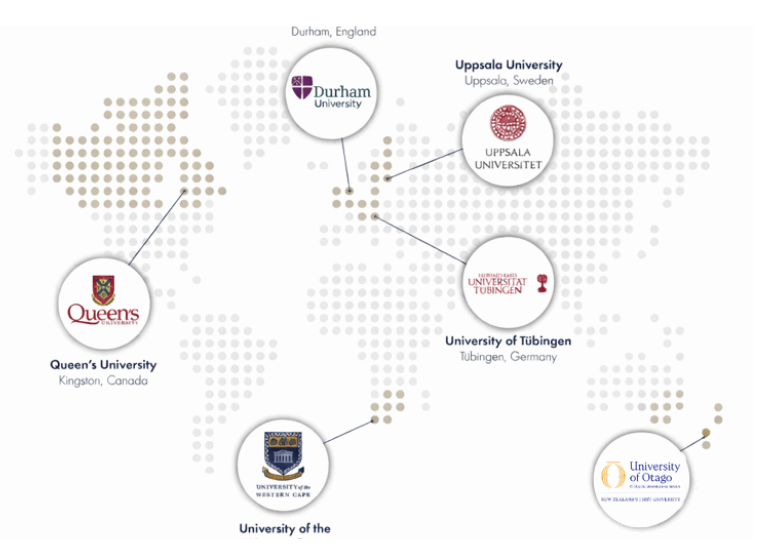 Map illustrating global locations of five universities: Durham, Uppsala, Tübingen, Queen's, and Otago, marked with circular logos on a dotted world map.