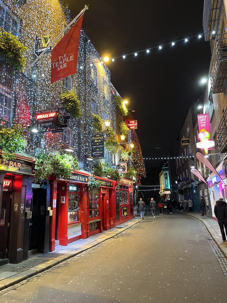 A pub at night with twinkle lights