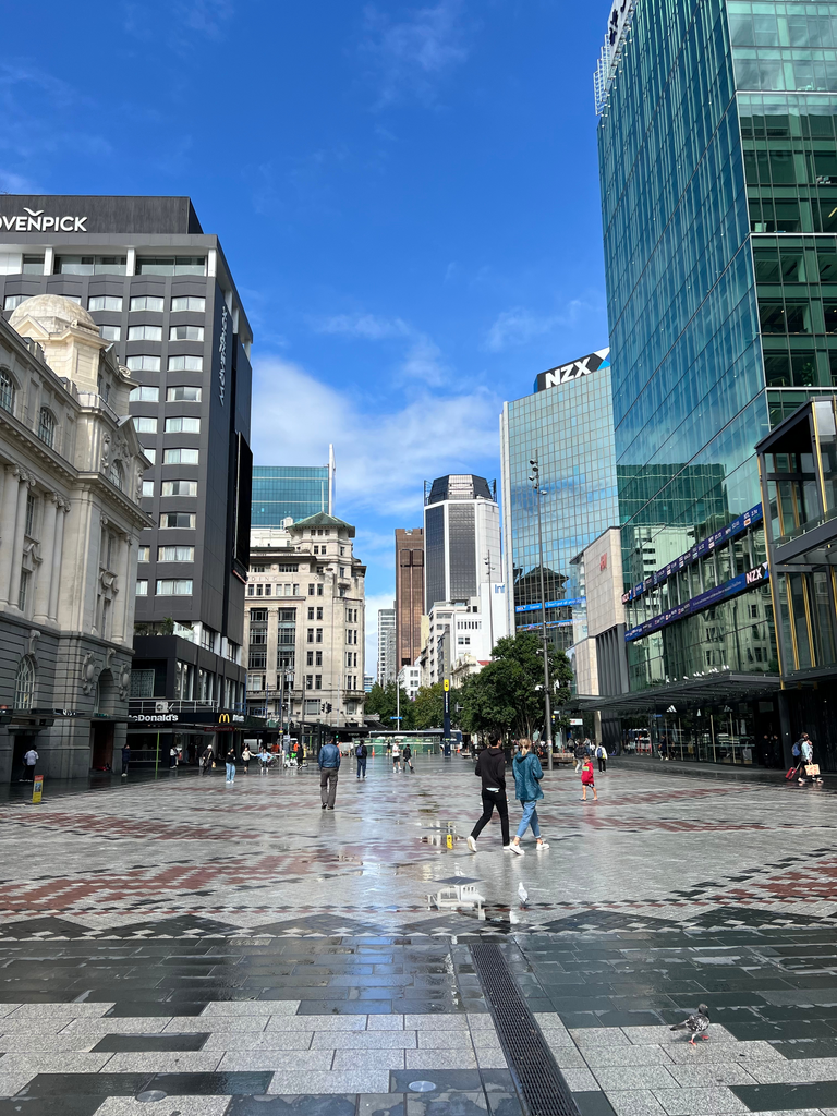 Modern city street with blue sky