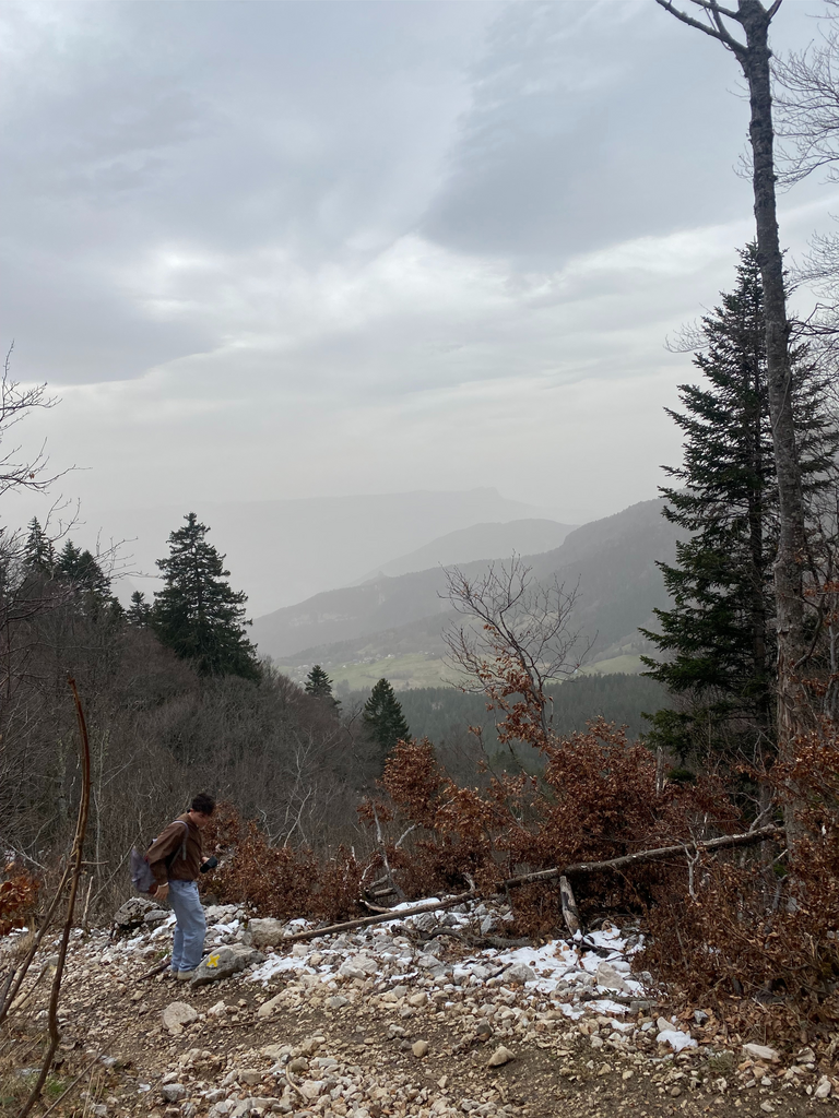 A chilly hike with rolling hills in the distance