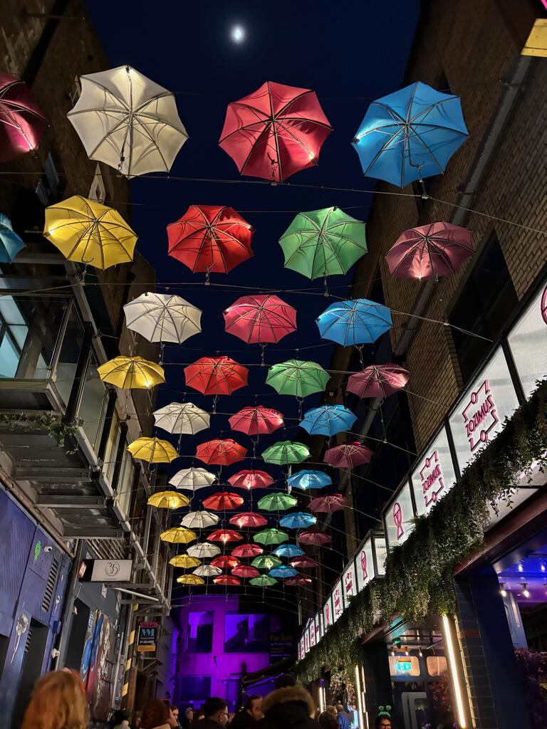 Colourful umbrellas hung in a pattern above a city street