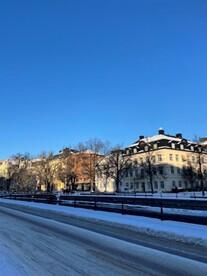 A snowy street on sunny blue sky day