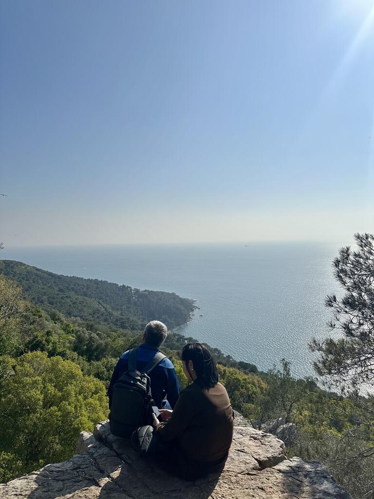 Two people sit on a rock cliff, overlooking a vast, sunlit ocean. The coastline is lush with green trees, creating a serene, peaceful atmosphere.