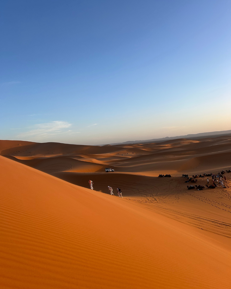 Sweeping orange sand dunes under a clear blue sky at sunset. Small groups of people and camels traverse the vast, tranquil desert landscape.