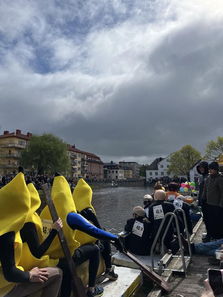 A university rowing club in funny costumes like a banana suit