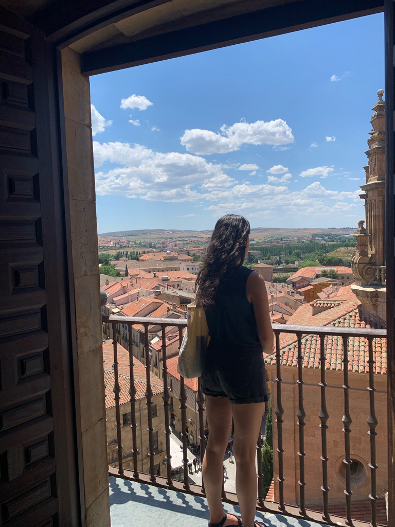 Student stands are balcony overlooking the city below